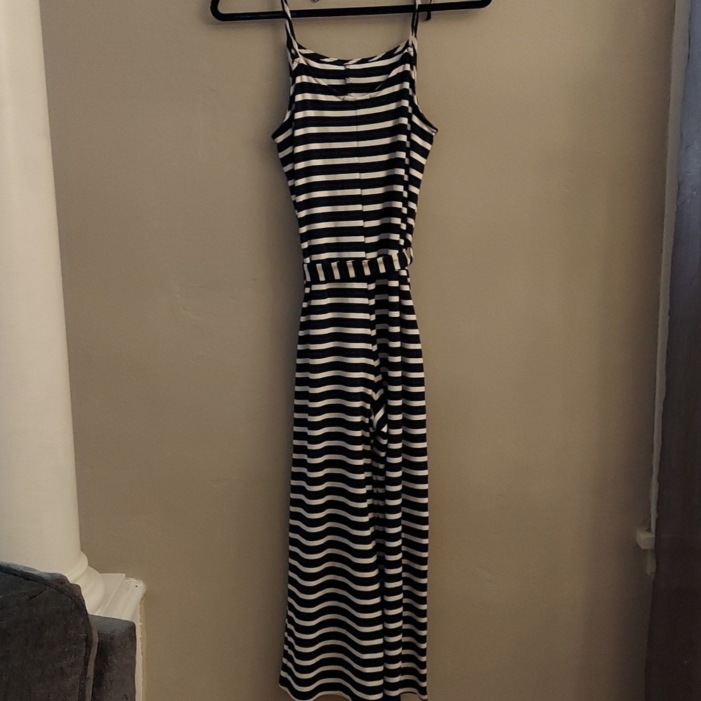 MONTEAU Navy and White Striped Sleeveless Jumper With Waist Sash - Picture 9 of 11